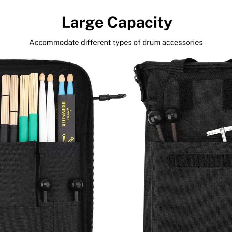 Donner Drumsticks Bag Holder Thickened Large Capacity Drum Sticks Bag Hangable Portable for Drumsticks Brushes Mallets Up to 12 Pairs, Black - Image 4